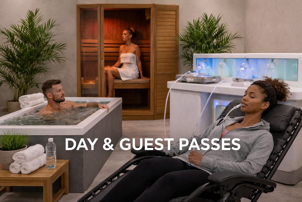 Day and guest passes at The Leela Vida showing integrated recovery with cold plunge, infrared sauna, and oxygen therapy in Barbados.