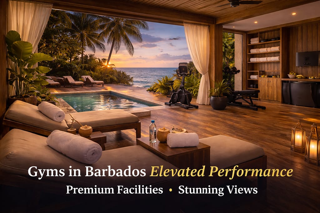 Premium gyms in Barbados featuring recovery lounge, pool, and ocean views