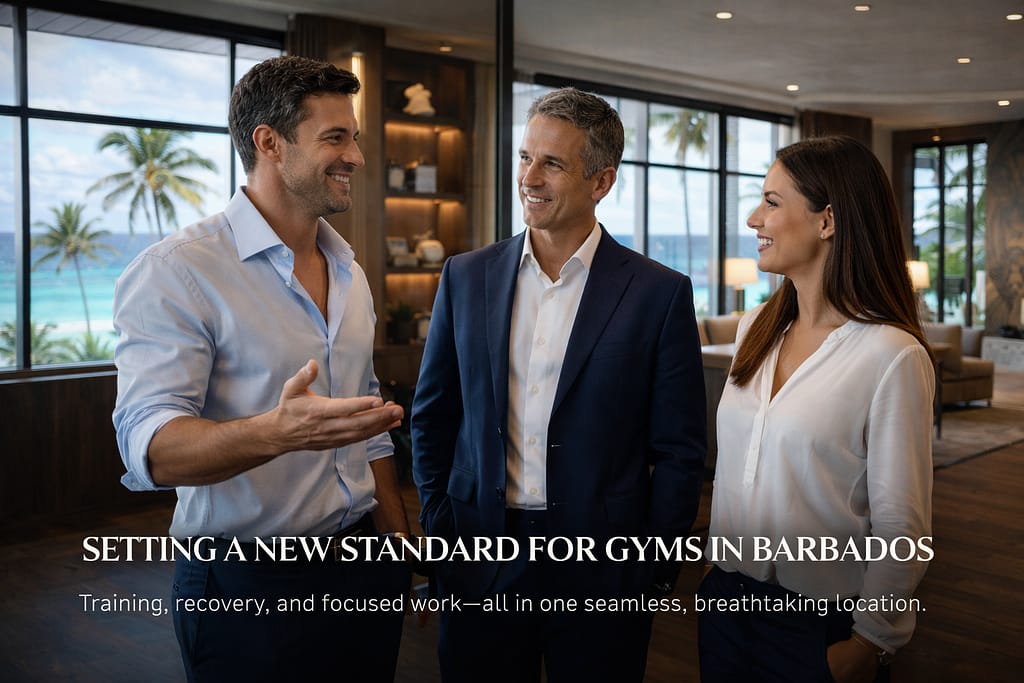 Workspaces and recovery lounge inside The Leela Vida, premium gyms in Barbados