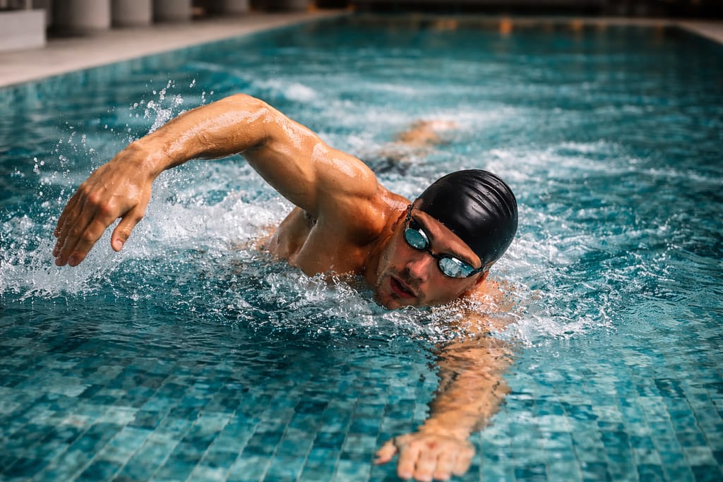 Swimming pool at The Leela Vida showing a muscular swimmer training in a premium lap pool with jade tiles, designed for performance, endurance, and focused swim sessions