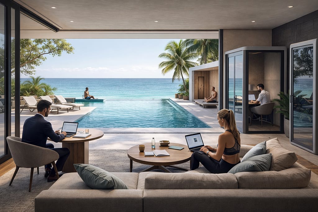 Oceanfront workspaces at The Leela Vida supporting focused work and balance in Barbados