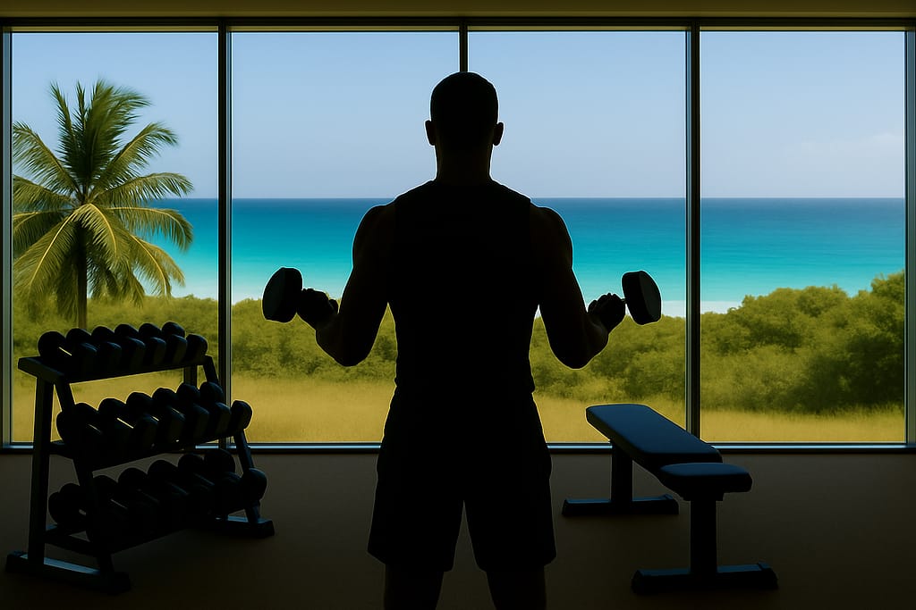 Back-facing silhouette lifting dumbbells in a modern oceanfront gym in Barbados with a full view of the sea.