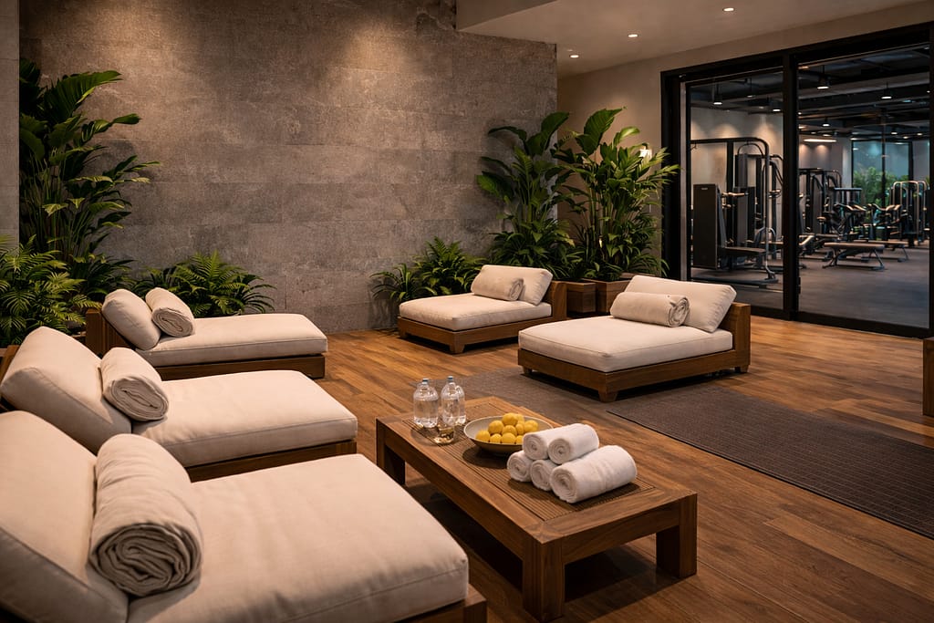 Recovery lounge inside a premium gym in Barbados
