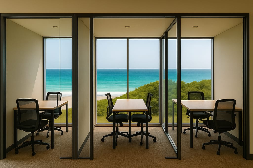 Private glass workspace pods overlooking the ocean at The Leela Vida in Christ Church Barbados.