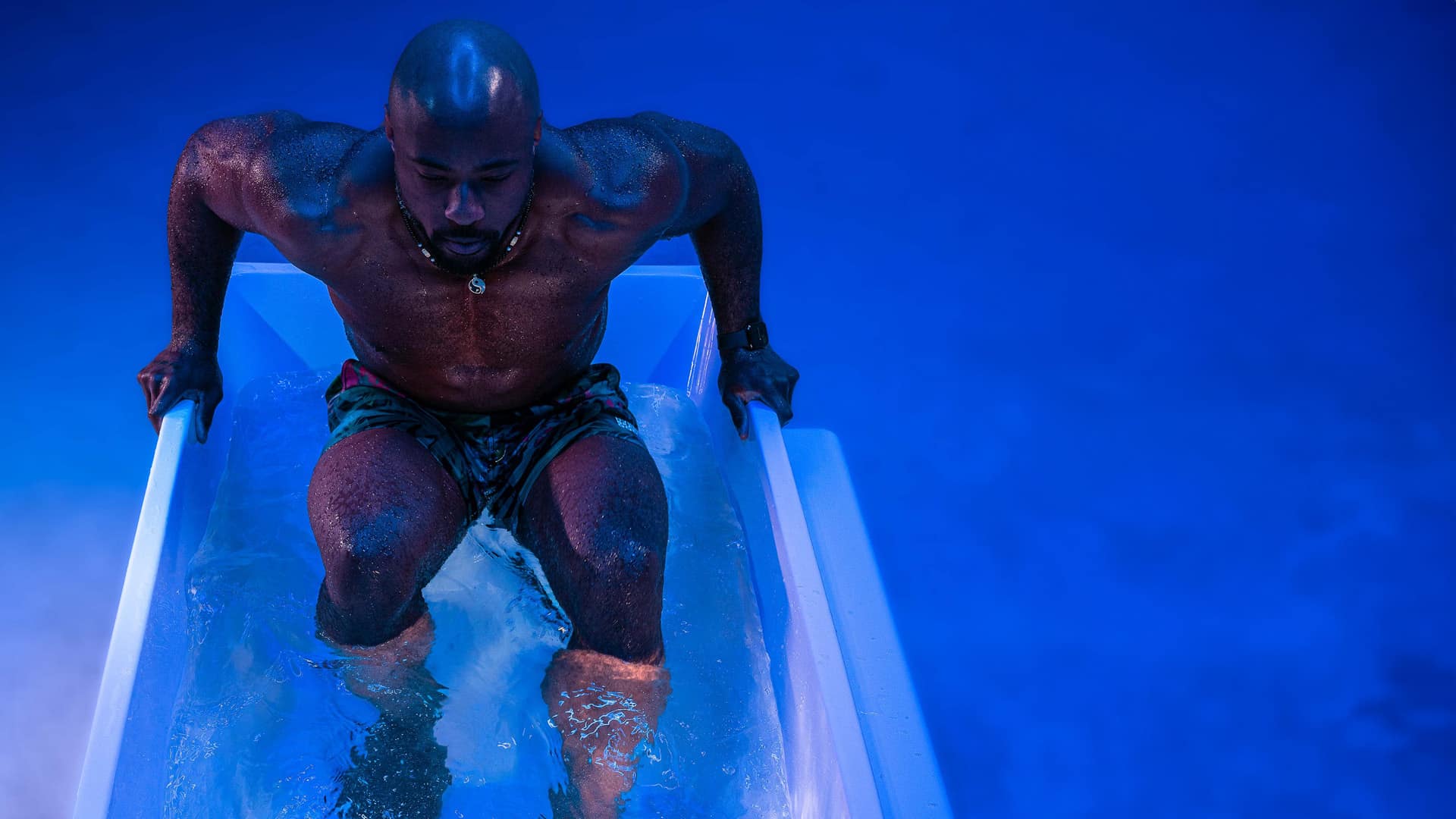 Cold plunge ice bath at The Leela Vida in Barbados used for recovery, circulation, and elite performance wellness training.