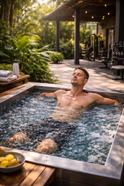Calm cold plunge recovery space inside a premium gym in Barbados, designed for post workout relaxation and reset